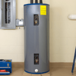 Tank water heater installed in a basement. 